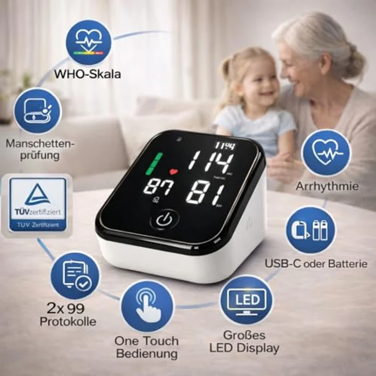 IEA Medical Blutdruckmessgerät Oberarm mit LED-Display, Arrhythmie-Warnung, 2x99 Speicher, Ampel-Farbskala, Manschette 22-42cm, USB-C – Bild 3