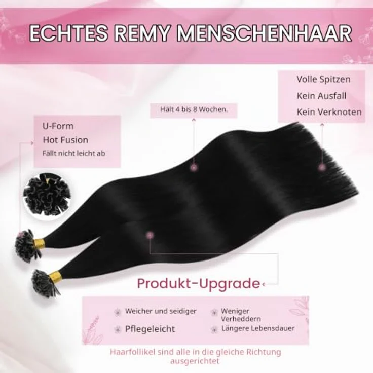 Moresoo U Tip Echthaar Extensions, Pre Bonded Bondings Schwarz, 50 Stück, Hot Fusion Keratin, 50g, 50 cm – Bild 2