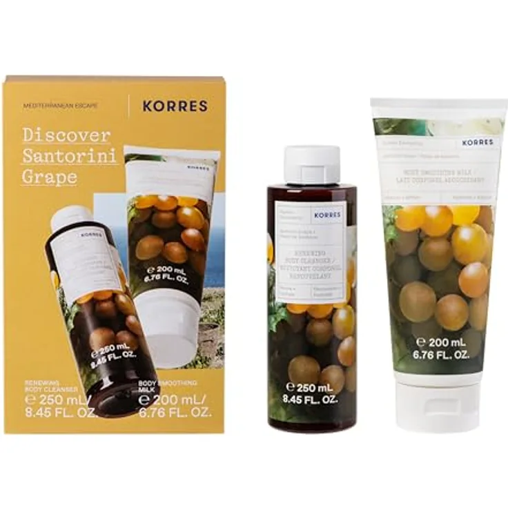 KORRES SANTORINI GRAPE Körperpflege Set, Duschgel 250 ml und Bodymilk 200 ml, fruchtiger Traubenduft, vegan