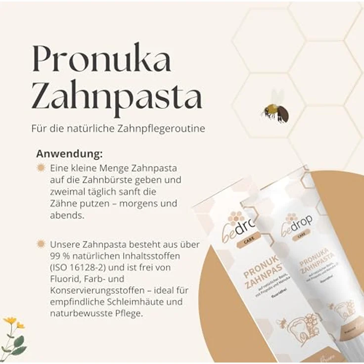 bedrop Pronuka Zahnpasta mit Propolis & Manuka-Öl, fluoridfrei, natürlich, ohne Mikroplastik & Titandioxid, mit Zitrone-Minze Geschmack (75ml) – Bild 5