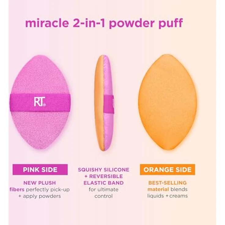 Real Techniques Miracle 2-in-1 Puderquaste, doppelseitiger Puderquast in voller Größe, wendbares Gummiband, Make-up-Schwamm und Puderquaste mit präziser Spitze, für Flüssigkeit, Creme und Puder, 2 Stück – Bild 3