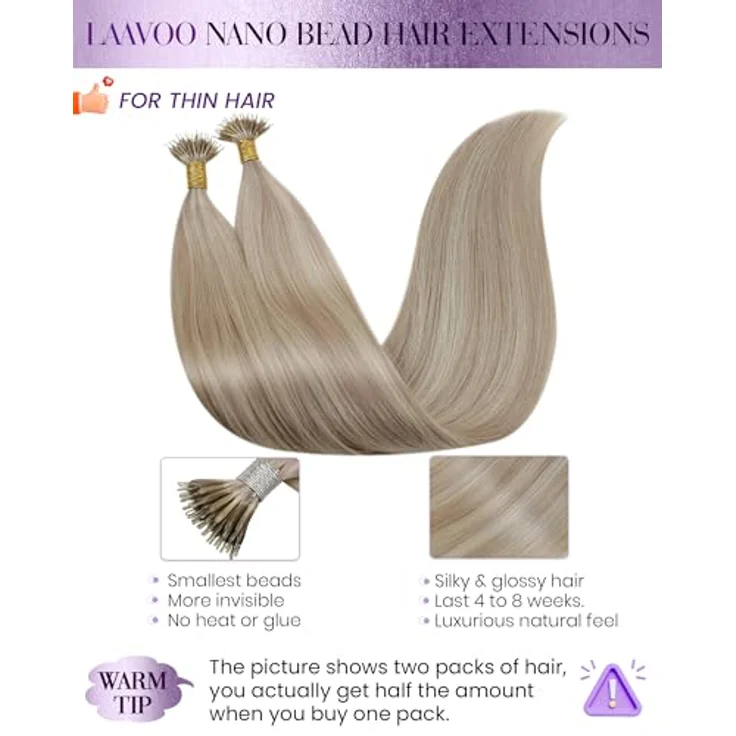 LaaVoo Nanoring Extensions Echthaar, 50cm aschblond-hightlighted, gebleichtes Blond, 50g, unsichtbare Mikro-Ringe, Remy-Echthaar, wiederverwendbar – Bild 2
