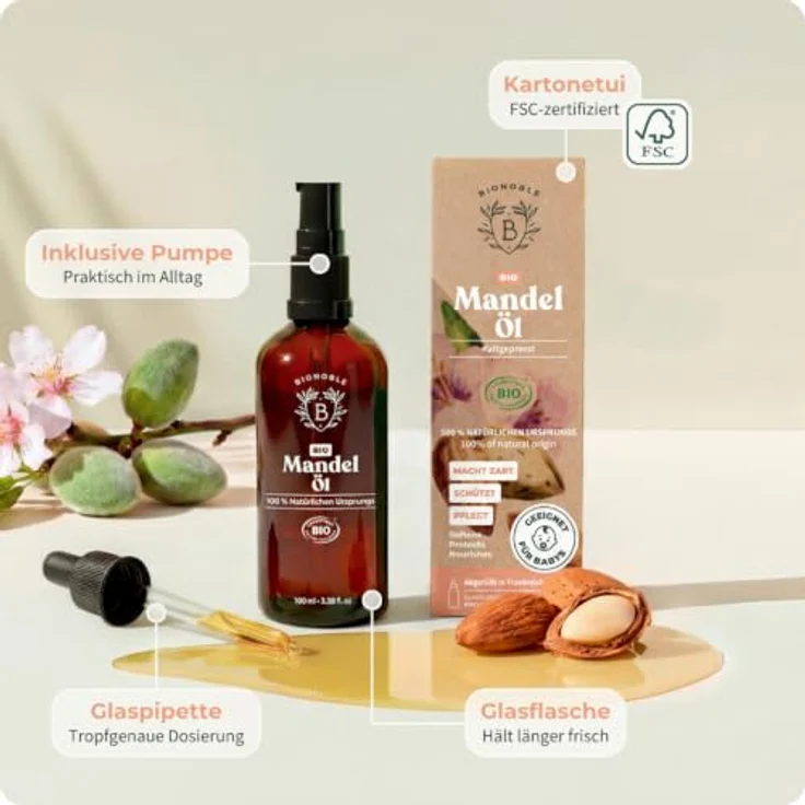 BIONOBLE Mandelöl Bio Kaltgepresst, 100ml, mehrfach einsetzbar für Baby, Massage, Haut- und Haarpflege, vegan, 100% natürlich – Bild 5