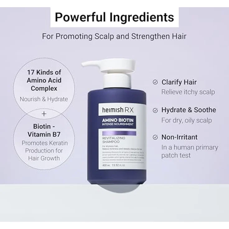 HEIMISH RX Amino Biotin Revitalisierendes Shampoo, 400 ml – Sanfte Reinigung, Feuchtigkeit, Volumen, Juckreizlinderung, für alle Haartypen mit Aminosäuren und Biotin – Bild 4