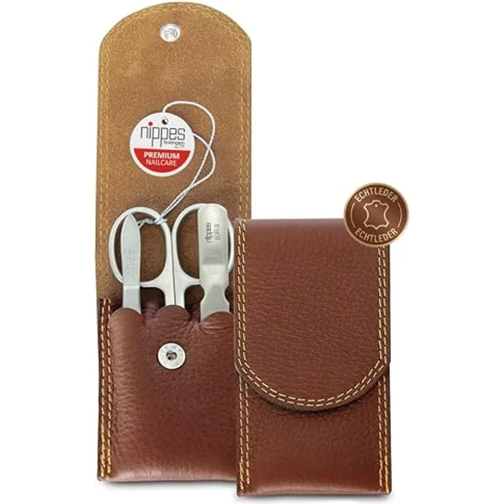Nippes Classic Maniküre-Set braun, inkl. Kombinierte Haut- und Nagelschere, Saphirfeile & Pinzette, aus rostfreiem Stahl, Rindleder-Etui – Bild 2
