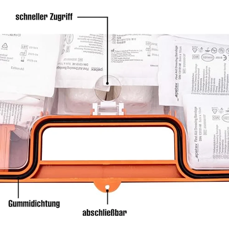 Petex Erste-Hilfe-Koffer Profi DIN 13157, Kunststoffkoffer mit Tragegriff, 280 x 115 x 200 mm, orange, wassergeschützt – Bild 6