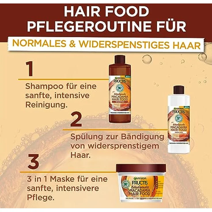 Garnier Macadamia 3in1 Haarmaske für trockenes und widerspenstiges Haar, Leave In für ein natürlich sanftes Haargefühl, Vegane Formel mit natürlichen Inhaltsstoffen, Fructis Hair Food, 1 x 400 ml – Bild 2
