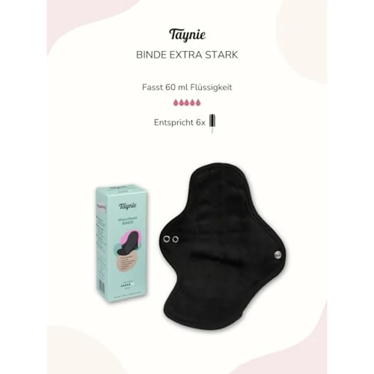 Taynie Waschbare Binde extra stark, Bio-Baumwolle, wiederverwendbare Damenbinden für starke Perioden, 60 ml Saugvolumen, schwarz – Bild 4