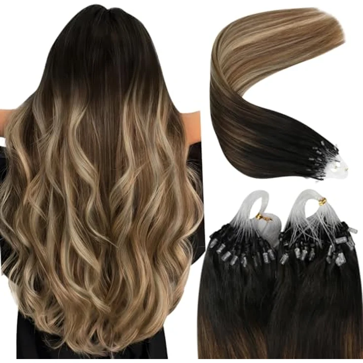 YoungSee 60 cm Microring Extensions Echthaar Balayage, Braun-Blond, Kaltfusion, 50g, für Damen – Bild 1