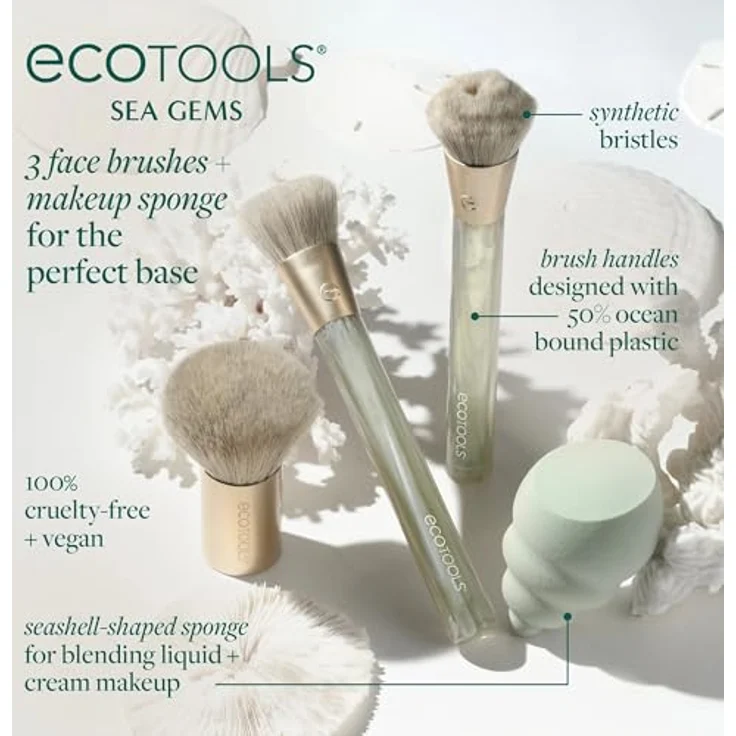 EcoTools Sea Gems Face Set, 4-teiliges Make-up-Pinselset für Damen mit hochwertigen Pinsel- und Schwamm-Applikatoren – Bild 2