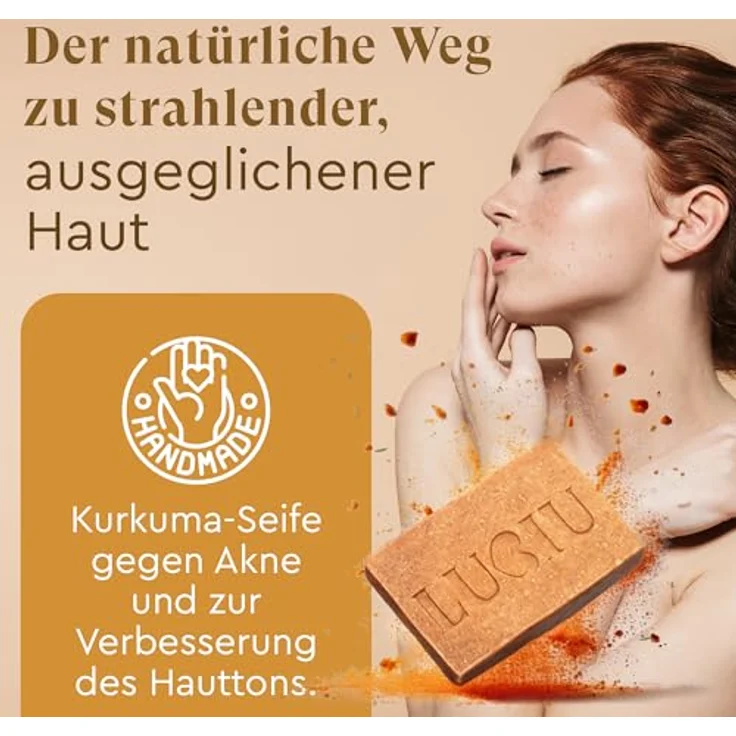 lubiu Kurkuma Seife Stück 100g - Antibakterielle Gesichtsseife gegen Pickel, natürliche Pflege für ebenmäßigen Hautton und strahlende Haut – Bild 2