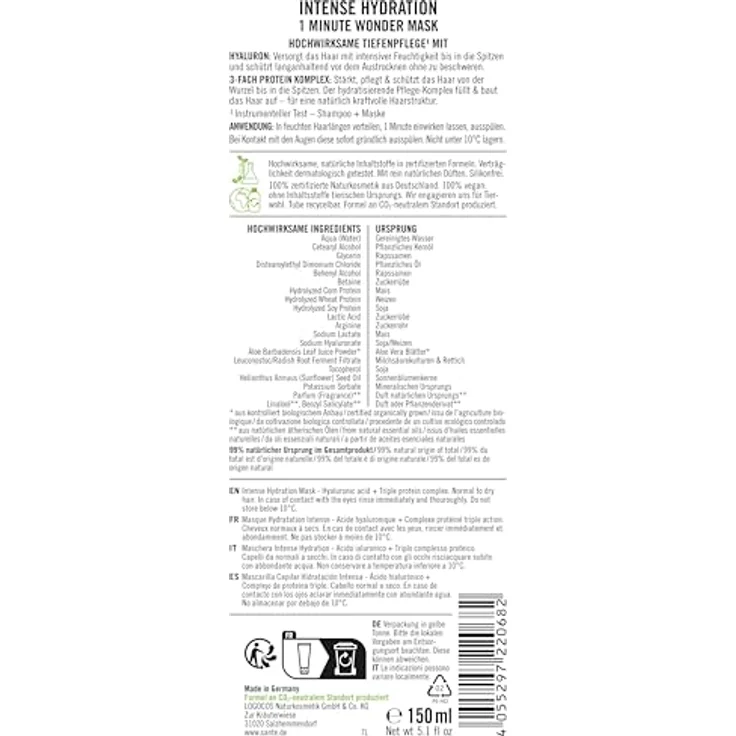 Sante Naturkosmetik Intense Hydration Haarmaske, 150 ml - Hyaluron + 3-Fach Protein Komplex, vegane Formel – Bild 2