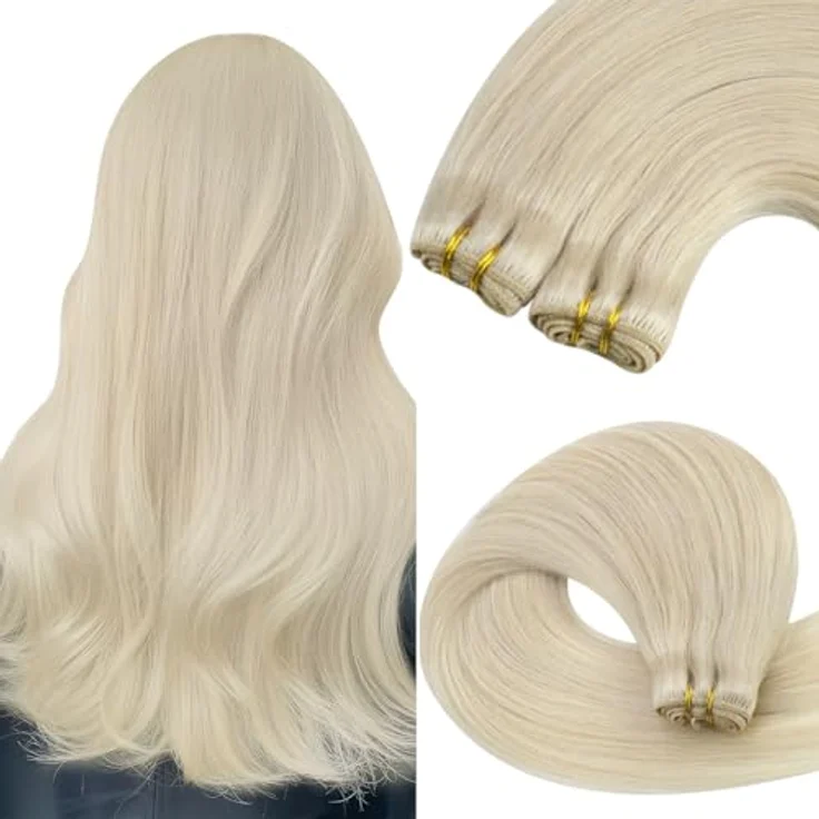 YoungSee Tressen Echthaar Extensions #60, 100g Platinblond, 35cm, Remy Haar zum Einnähen, vielseitig stylbar – Bild 1
