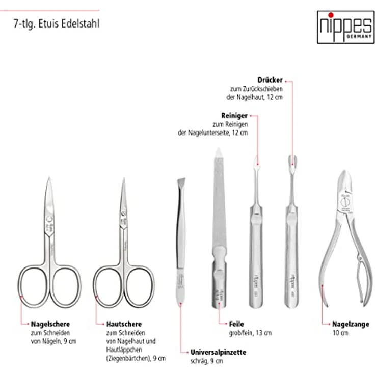 Nippes Classic Maniküre-Set braun, inkl. Hautschere, Nagelschere, Saphirfeile, Pinzette, Reiniger, Nagelhautschieber & aus rostfreiem Stahl, Rindleder-Etui – Bild 4