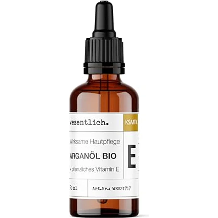 wesentlich. BIO Arganöl mit Extra Vitamin E, kaltgepresst, 100% naturrein, Kosmetik für Gesicht, Haut & Haare, Anti-Aging, Glasflasche mit Pipette, 50ml – Bild 1