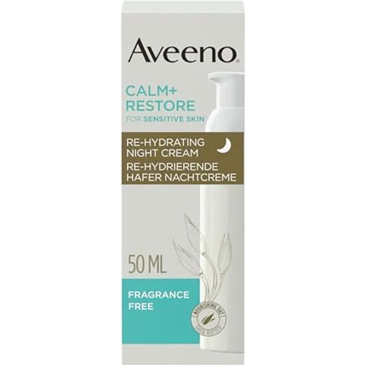Aveeno CALM+RESTORE Re-Hydrierende Hafer Nachtcreme (50 ml), feuchtigkeitsspendend mit Sheabutter, präbiotischem Hafer & Mutterkraut für empfindliche Haut