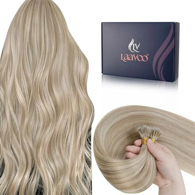 LaaVoo Nanoring Extensions Echthaar, 50cm aschblond-hightlighted, gebleichtes Blond, 50g, unsichtbare Mikro-Ringe, Remy-Echthaar, wiederverwendbar – Bild 1