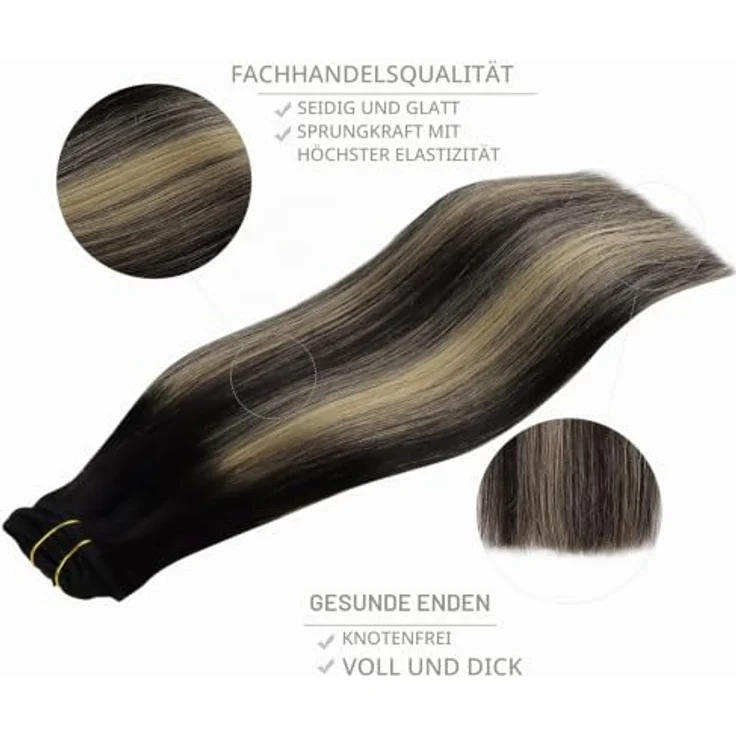WENNALIFE Clip in Extensions Echthaar 60cm 120g 7pcs Balayage natürliches Schwarz bis Hellblond Haarverlängerung Remy Clip In – Bild 4