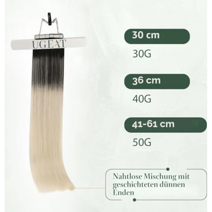 Ugeat Tape in Extensions Echthaar, Ombre Schwarz #1B/60A, 55 cm, 50 g, 20 Stück, Remy-Echthaar, wiederverwendbar – Bild 2