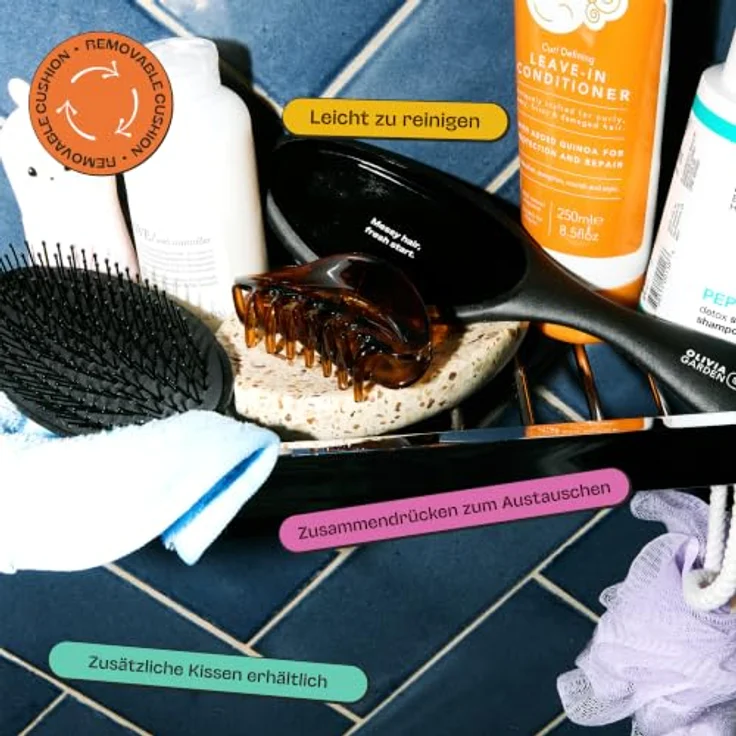 Olivia Garden Club THE RESET CUSHION Wet & Curly Detangling Hairbrush, Haarbürste für welliges und lockiges Haar, schwarz, ergonomisches Design mit ausziehbarem Kämmchen – Bild 4