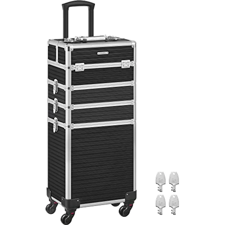 SONGMICS Kosmetikkoffer, Trolley, 4-in-1 Schminkkoffer, extra groß, abschließbar, 360° drehbare Rollen, schwarz – Bild 1