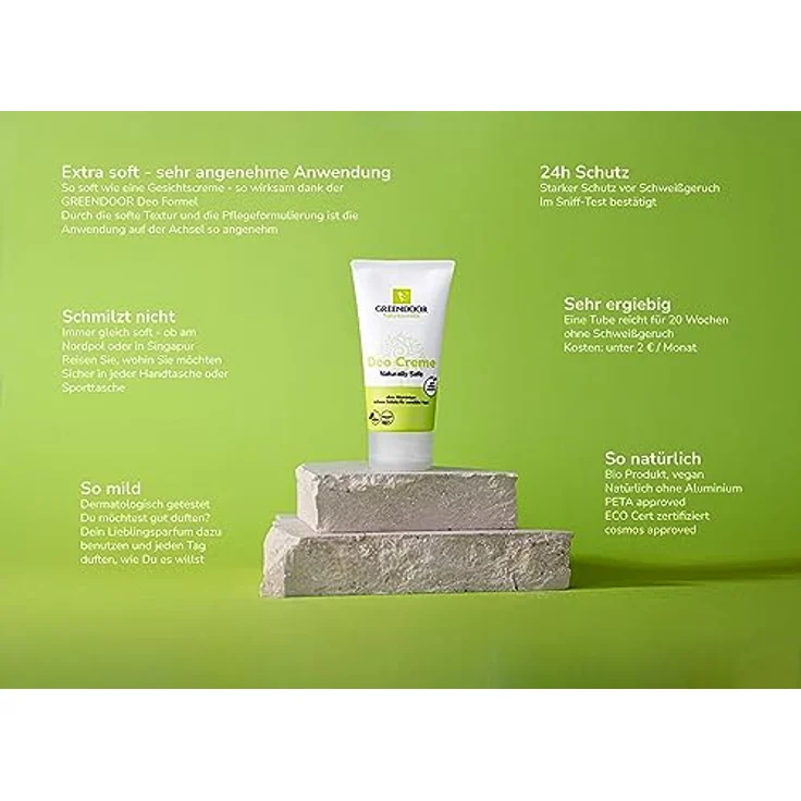 GREENDOOR Soft Deo Creme Tube 50ml ohne Aluminium, wirksam gegen Schweißgeruch, vegan, unisex, pflegend – Bild 2