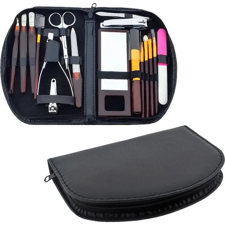 Elina Med Maniküre-Etui 18 tlg. im schwarzen Etui, Nagelpflege mit Lidschattenpinsel, Nagelschere und mehr