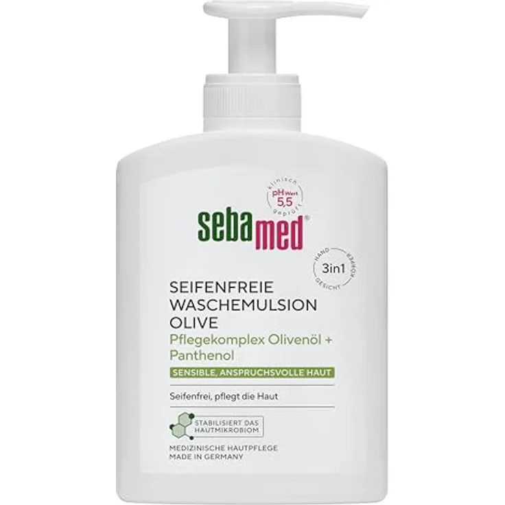 Sebamed seifenfreie Waschemulsion Olive, 200 ml Spender, milde Reinigung mit Olivenöl und Panthenol, für sensible Haut