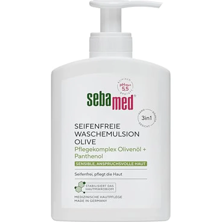 Sebamed seifenfreie Waschemulsion Olive, 200 ml Spender, milde Reinigung mit Olivenöl und Panthenol, für sensible Haut – Bild 1