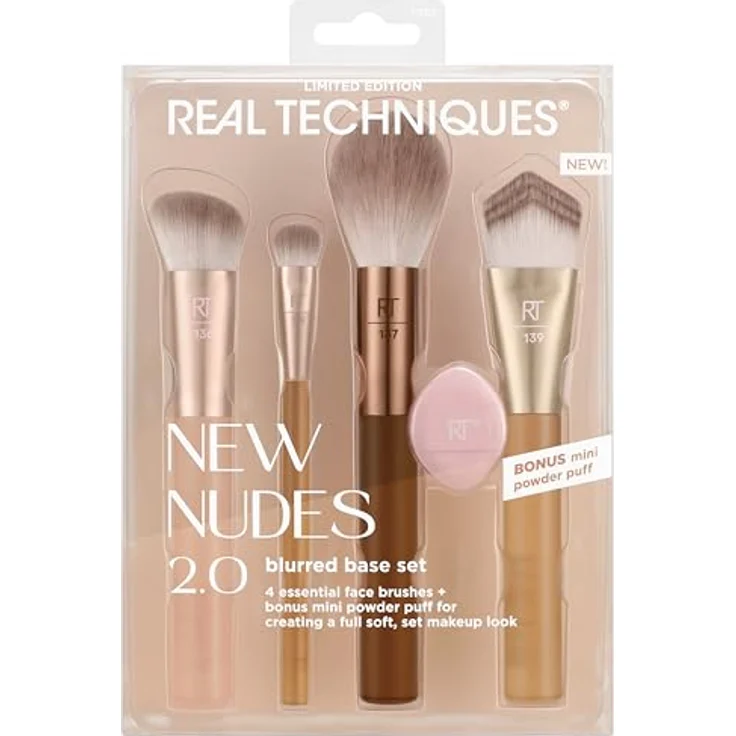 Real Techniques New Nudes Blurred Base Kit, Make-up Pinselset mit 5 hochwertigen Pinseln und veganem Schwämmchen – Bild 1