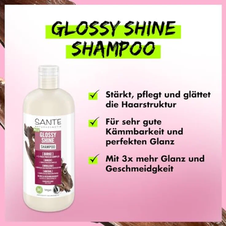 SANTE Naturkosmetik Glossy Shine Shampoo Bio-Birkenblattextrakt + 3-Fach Protein Komplex, vegane und feuchtigkeitsspendende Haarpflege für mehr Glanz und Geschmeidigkeit, mit zartem Kokosduft, 500 ml – Bild 3