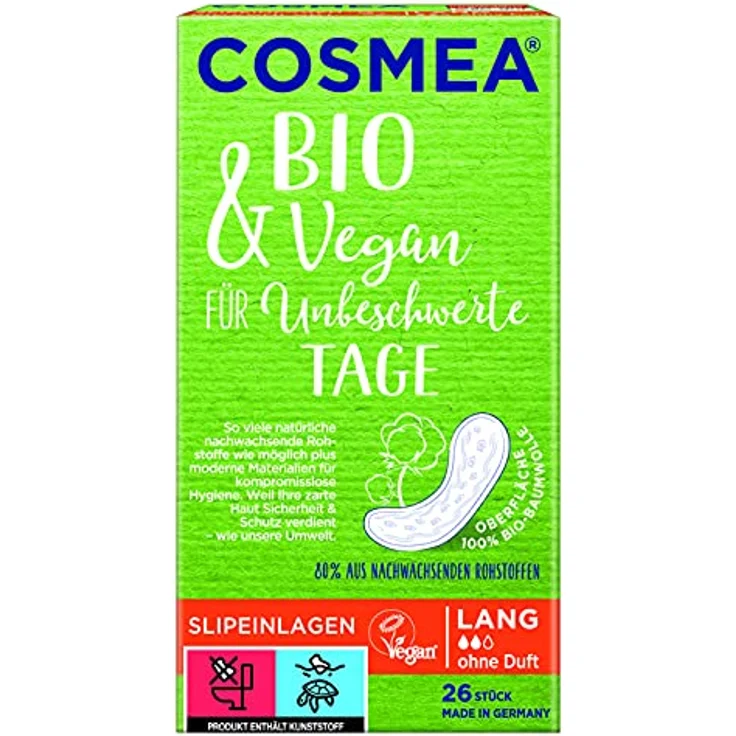 COSMEA Bio & Vegan Slipeinlagen Lang aus Bio-Baumwolle, ohne Chemie & ohne Tierversuche, atmungsaktiv, für leichte Menstruation 26 Stück – Bild 3