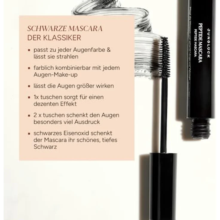 JUNGLÜCK Peptide Mascara, Vegane Wimperntusche ohne Mineralöle, wasserlöslich, wischfest, mit Peptid, Hyaluron und Rizinusöl, tiefschwarz – Bild 4