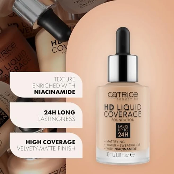 Catrice HD Liquid Coverage Foundation Nr. 008, Nude, hohe Deckkraft, langanhaltend, mattierend, vegan, ölfrei, wasserfest, 30ml – Bild 3