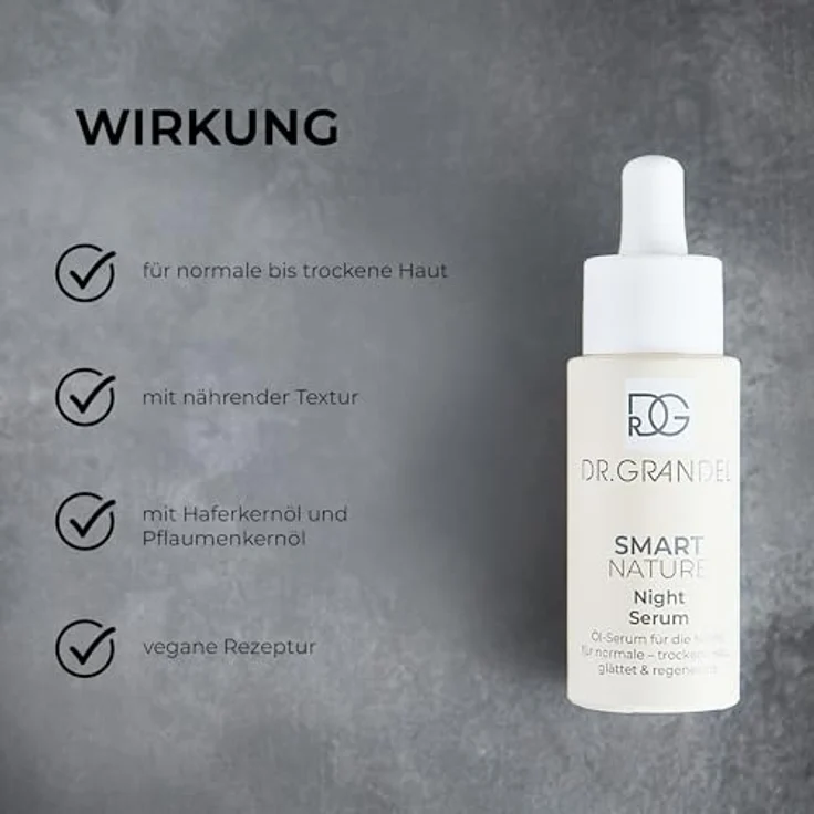 DR. GRANDEL Smart Nature Night Serum 30 ml, Gesichtsserum mit Haferkernöl und Holunderkernöl, vegan, für normale bis trockene Haut – Bild 2