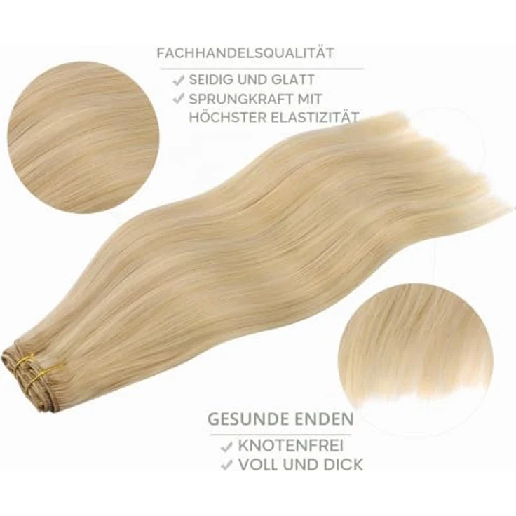 WENNALIFE Clip in Extensions Echthaar, 50cm 120g 7pcs Hellblond Highlights Goldblond, Remy Haarverlängerung mit silikonverstärkten Clips – Bild 4