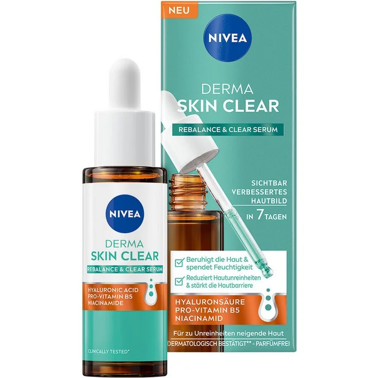 Nivea Derma Skin Clear Regenerate & Clear Serum 30ml, mit Hyaluronsäure, Pro-Vitamin B5 und Niacinamid für gereizte, zu Unreinheiten neigende Haut