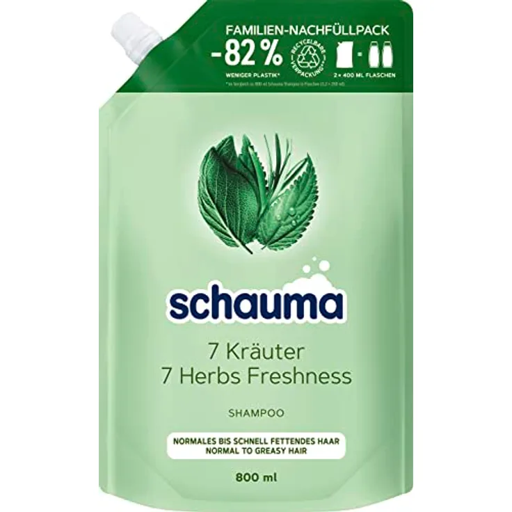 Schauma Shampoo 7 Kräuter Nachfüllpack (800 ml), Haarshampoo verleiht der Haarstruktur eine leichte Frische, Frische-Shampoo für normales bis schnell fettendes Haar