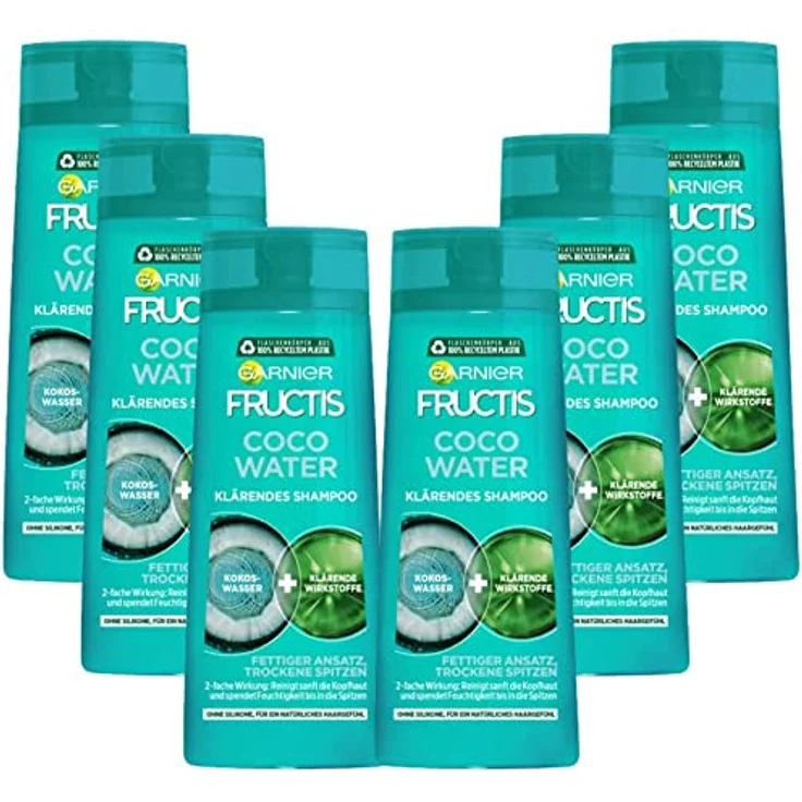 Garnier Klärendes Shampoo gegen einen fettigen Haaransatz und trockene Spitzen, Mit Kokoswasser für kraftvolles Haar, Fructis Coco Water, 6 x 250 ml – Bild 1