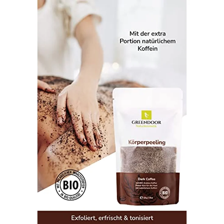 GREENDOOR Naturkosmetik straffendes Natur Körperpeeling Kaffee 220g vegan, gegen Cellulite Schwangerschaftsstreifen, mit BIO Arabica und extra natürlichem Koffein – Bild 2