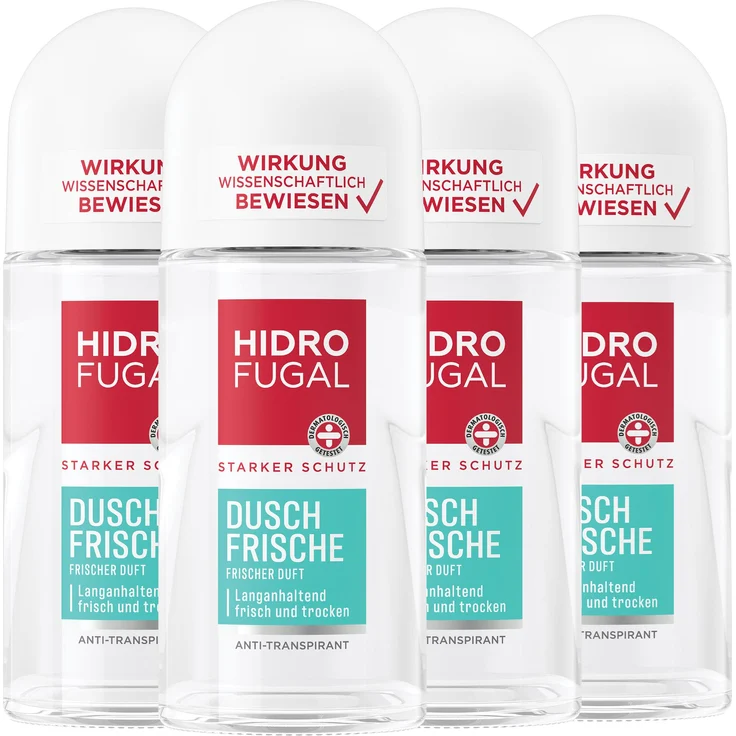 Beiersdorf HIDROFUGAL Deo Dusch Frische Roll-On, 4 x 50ml, dermatologisch getestet, ohne Ethylalkohol, erfrischender Duft