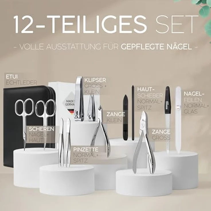 marQus Solingen Maniküre Pediküre Set, 12-teiliges Kit in echtem Leder Etui, schwarz, inklusive Nagelschere, Hautschere, Glasfeile und mehr für professionelle Hand- und Fußpflege – Bild 3