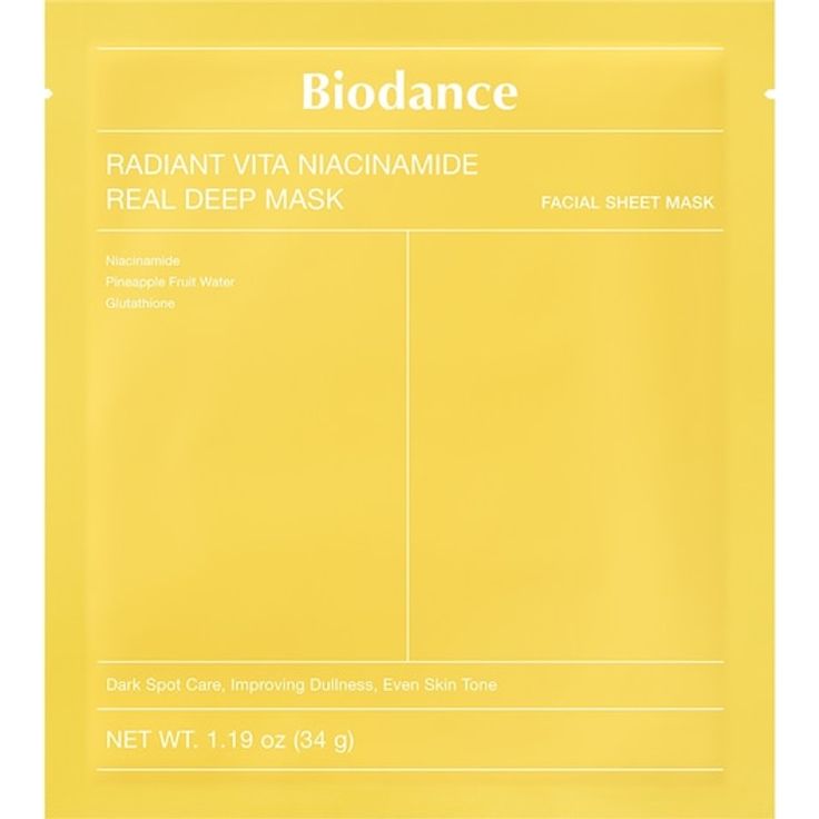 Biodance Radiant Vita Niacinamide Real Deep Mask, Tuchmaske zur Hautaufhellung und Regeneration, 34 g - Unisex