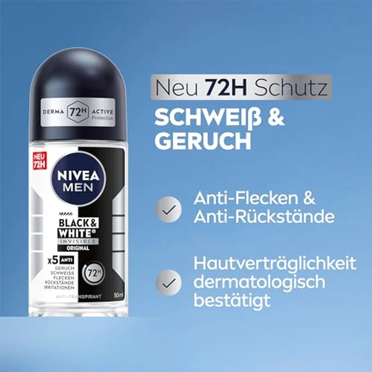 NIVEA MEN Black & White Invisible Original Deo Roll-On, 72h Antitranspirant mit Anti-Flecken-Technologie, alkoholfrei, frischer Duft, 50 ml – Bild 2