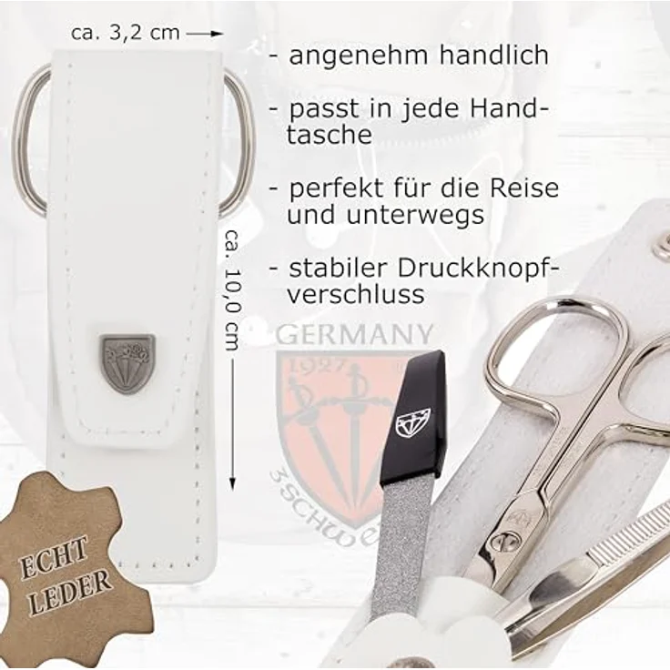 DREI SCHWERTER Nagelpflegeset 'Venezia', 3-tlg. Maniküre- & Pediküre-Set in weißem Echtleder Nageletui, MADE IN GERMANY, inkl. Nagelschere, Pinzette, Saphirnagelfeile – Bild 4