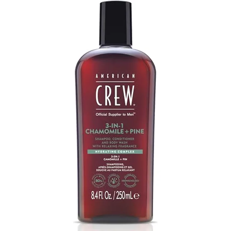 AMERICAN CREW 3-in-1 Chamomile & Pine Shampoo, Conditioner & Body Wash, 250ml - Pflegeshampoo und Duschgel für Männer, mit entspannendem Duft