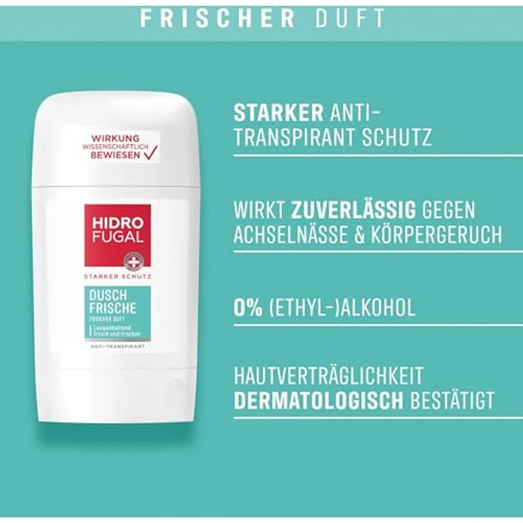 Hidrofugal DUSCH FRISCHE Stick, starkes Antitranspirant ohne Ethylalkohol, 50 ml, erfrischender Duft für zuverlässigen Schutz gegen Schweiß und Körpergeruch – Bild 2