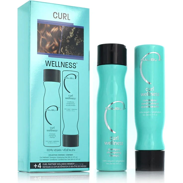 Malibu C Curl Wellness Collection, Haarpflege Set mit Shampoo 266 ml, Conditioner 266 ml und 4 Intensivkuren für lockiges Haar