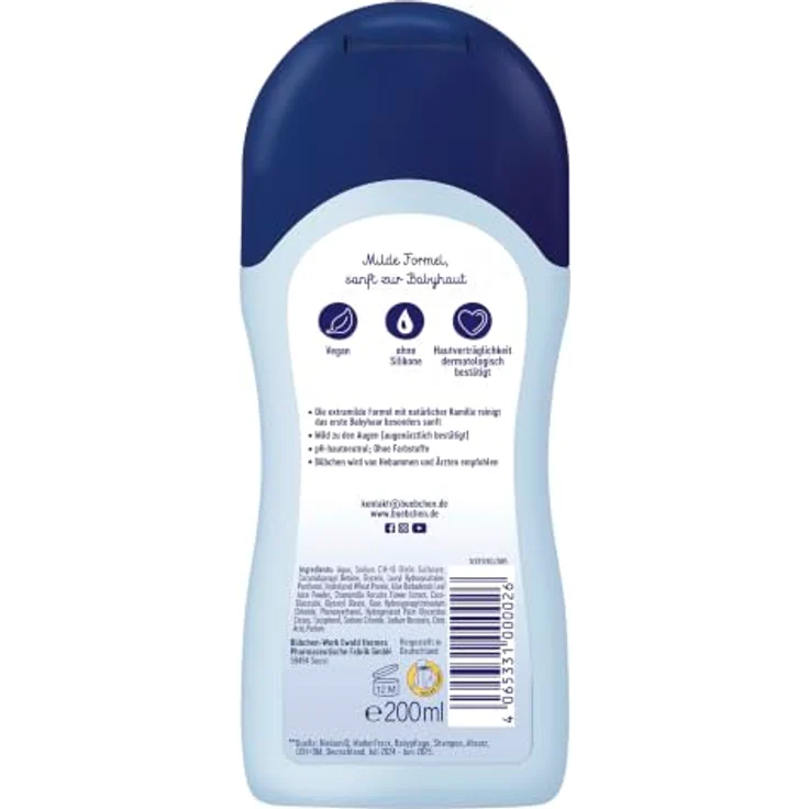 Bübchen Sensitive Baby Shampoo, 200 ml, sanfte Reinigung für Kinderhaar, feuchtigkeitsspendend, ohne Parfüm – Bild 2