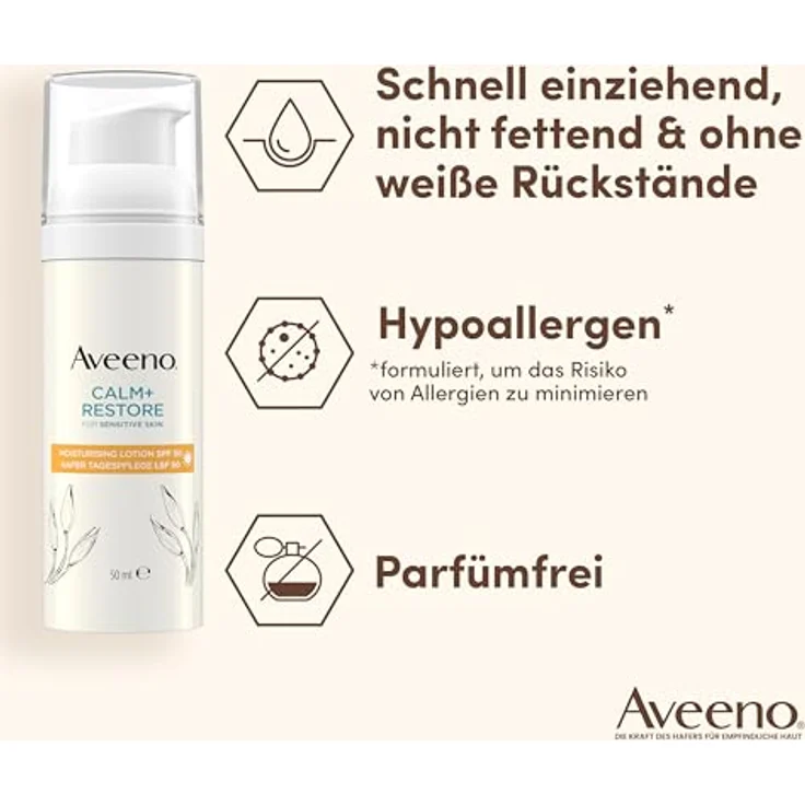 Aveeno CALM+RESTORE Hafer Tagespflege LSF 50, 50ml, Breitband-Spektrum UVA/UVB, beruhigt empfindliche Haut, langanhaltende Feuchtigkeit, parfümfrei – Bild 5